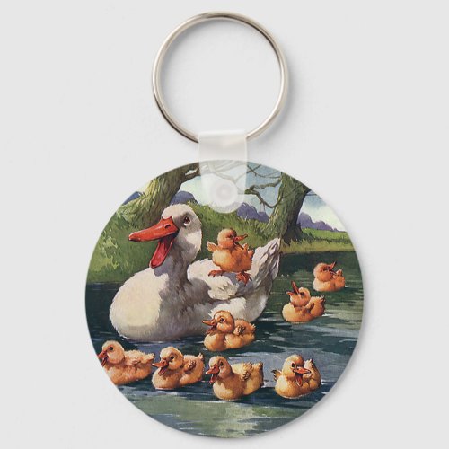 Vintage Wild Animals Birds Ducklings Duck Family Keychain