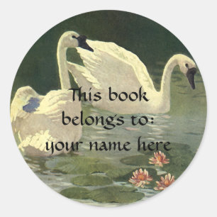 Vintage Wild Animals Birds, Victorian White Swans Classic Round Sticker