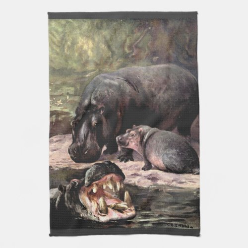 Vintage Wild Animals Hippopotamus by CE Swan Kitchen Towel