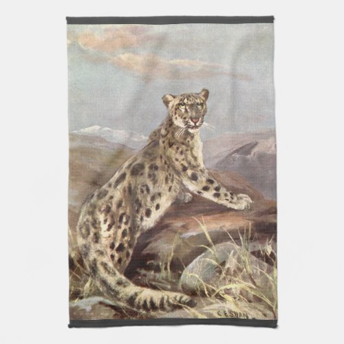 Vintage Wild Animals Snow Leopard by CE Swan Kitchen Towel