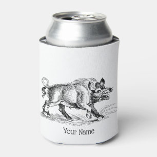 Vintage Wild Boar Drawing BW #2 Can Cooler