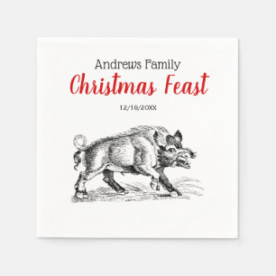 Vintage Wild Boar Drawing BW #2 Christmas Xmas Napkins