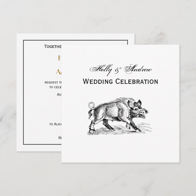 Vintage Wild Boar Drawing BW #2 Invitation (Front/Back)