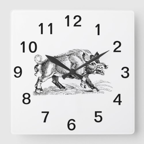 Vintage Wild Boar Drawing BW 2 Square Wall Clock