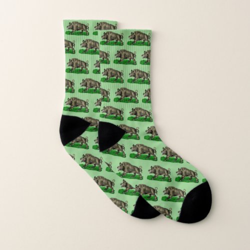 Vintage Wild Boar Drawing BW 3C Socks