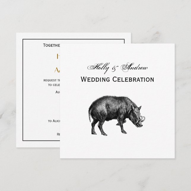 Vintage Wild Boar Drawing BW Invitation (Front/Back)