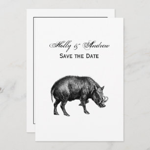 Vintage Wild Boar Drawing BW Invitation