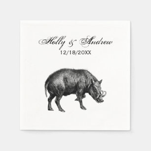Vintage Wild Boar Drawing BW Napkins