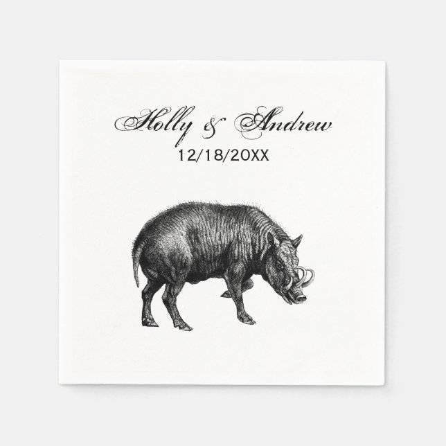 Vintage Wild Boar Drawing BW Napkins (Front)