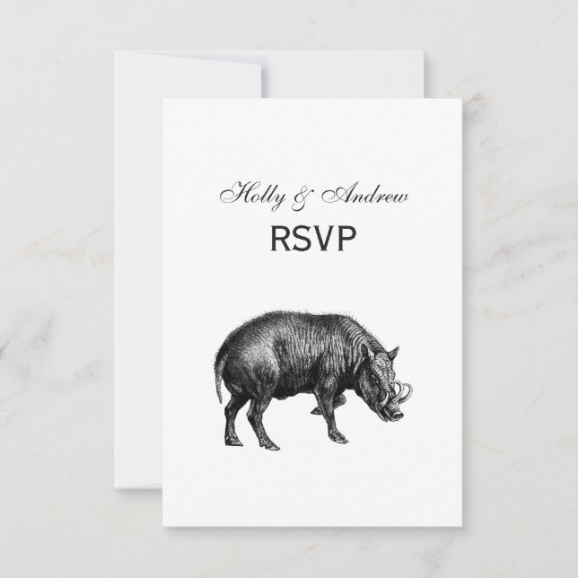 Vintage Wild Boar Drawing BW RSVP Card (Front)