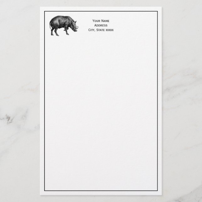 Vintage Wild Boar Drawing BW Stationery (Front)
