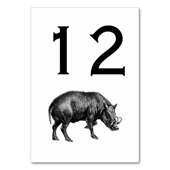 Vintage Wild Boar Drawing BW Table Number (Front)