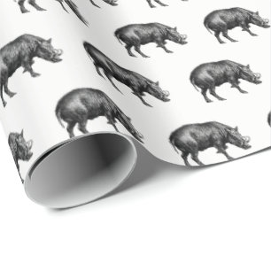 Vintage Wild Boar Drawing BW Wrapping Paper