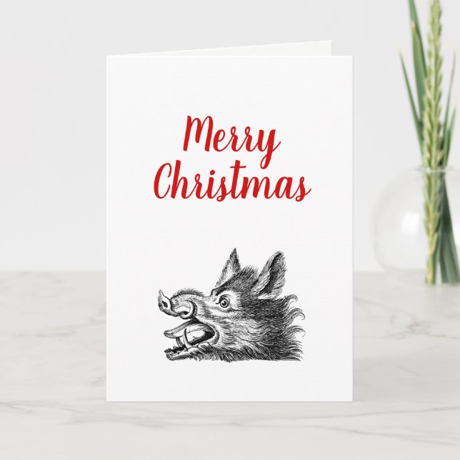 Vintage Wild Boar Head Drawing BW Holiday Card (Front)