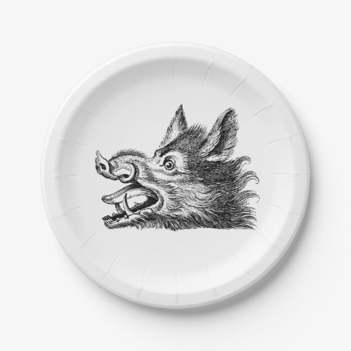 Vintage Wild Boar Head Drawing BW Paper Plates