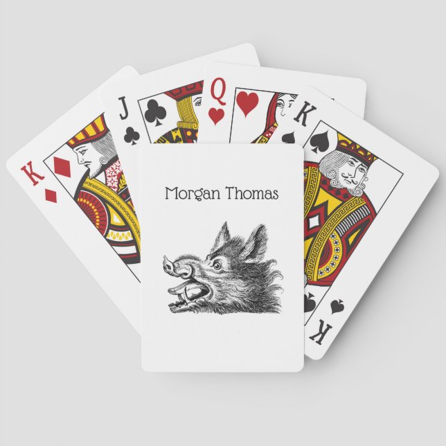 Vintage Wild Boar Head Drawing BW Poker Cards (Back)