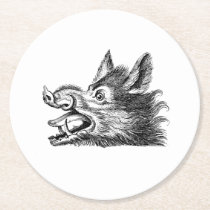Vintage Wild Boar Head Drawing BW Round Paper Coaster