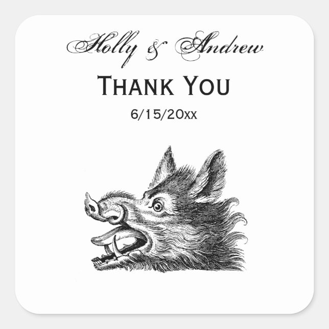 Vintage Wild Boar Head Drawing BW Square Sticker (Front)