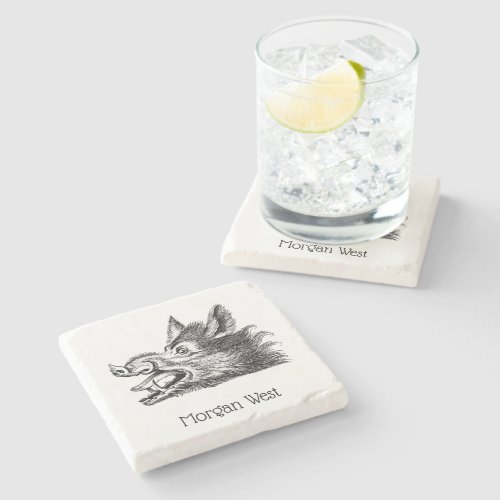 Vintage Wild Boar Head Drawing BW Stone Coaster