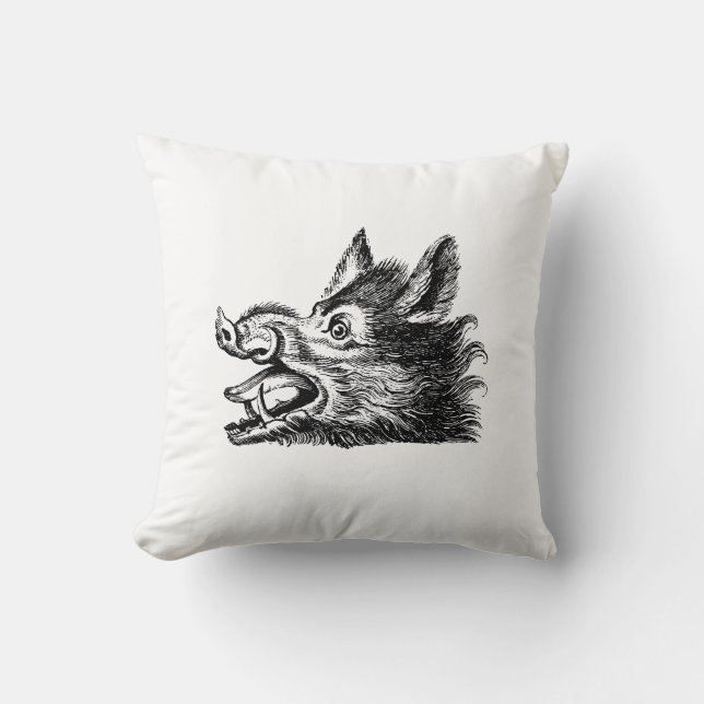 Vintage Wild Boar Head Drawing BW Throw Pillow (Front)