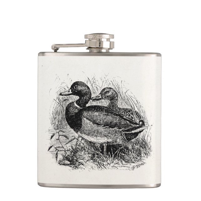 Vintage Wild Mallard Ducks Personalized Template Flask (Front)