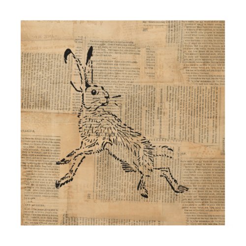 Vintage Wild Rabbit with Newspaper Background Wood Wall Art