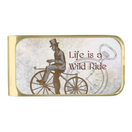 Vintage Wild Ride Steampunk Bicycle Collage Gold Finish Money Clip