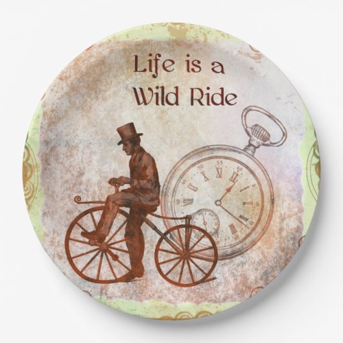 Vintage Wild Ride Steampunk Bicycle Collage Paper Plates