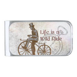 Vintage Wild Ride Steampunk Bicycle Collage Silver Finish Money Clip