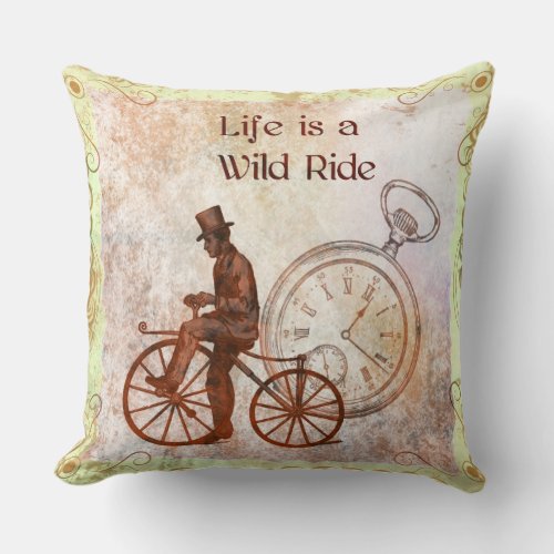 Vintage Wild Ride Steampunk Bicycle Collage Throw Pillow