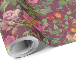 Vintage Wild Rose Gift Paper in Burgundy Wine