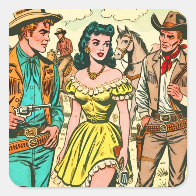 Vintage Wild West Country Comics Square Sticker (Front)