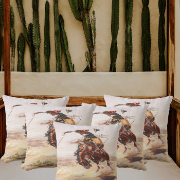Vintage Wild West Cowboy On Bucking Horse Western Throw Pillow by RODEODAYS at Zazzle