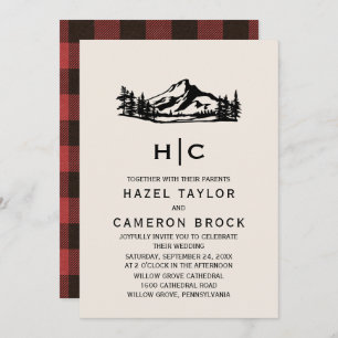 Vintage Wilderness Buffalo Plaid Monogram Wedding Invitation