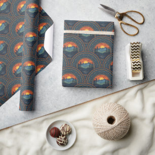 Vintage Wilderness Sunset Mandala Art Deco Scallop Wrapping Paper