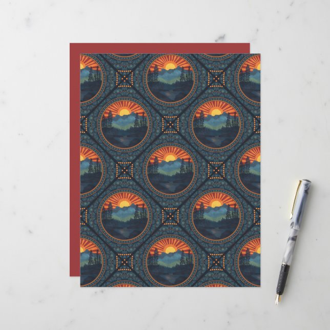 Vintage Wilderness Sunset Mandala Geometric Tile (Front/Back In Situ)