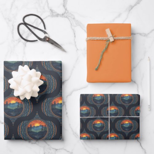 Vintage Wilderness Sunset Mandala Mid Century Ogee Wrapping Paper Sheets