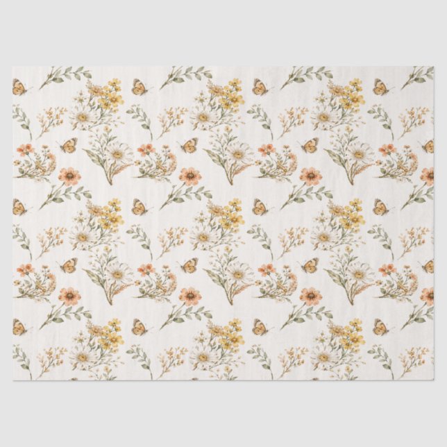 Vintage Wildflower and Butterfly Seamless Pattern  Tissue Paper (Front)