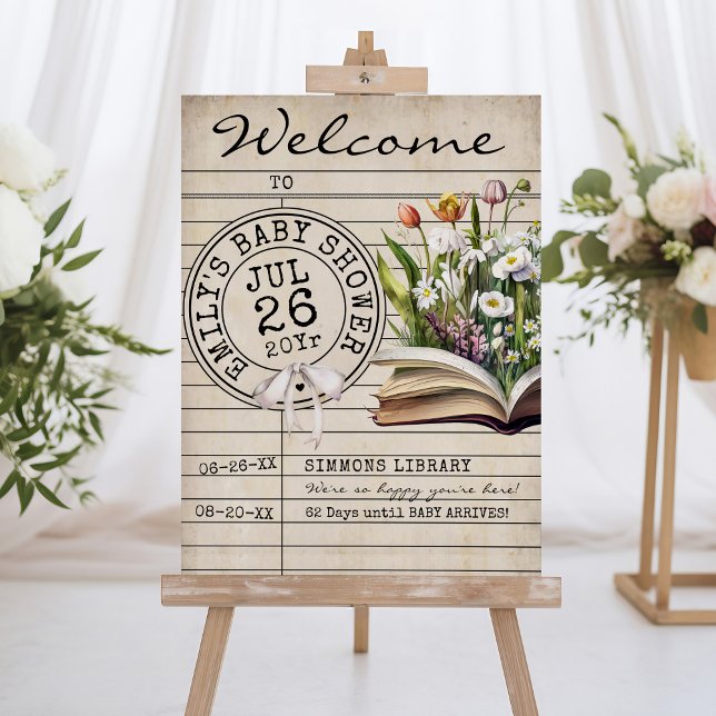Vintage Wildflower Book Baby Shower Welcome Sign (Vintage library watercolor flower books bows new chapter baby shower 22 x 28" foam core welcome sign)