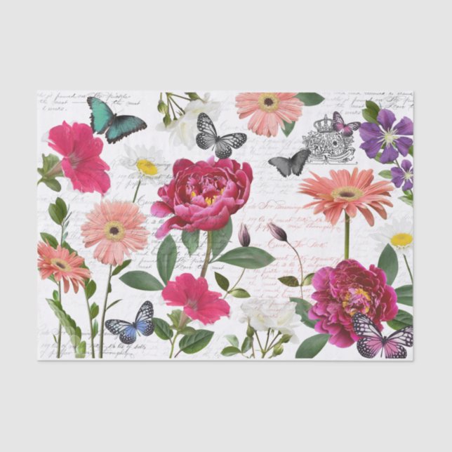 Vintage Wildflower Butterfly Handwriting Decoupage Tissue Paper (Front)