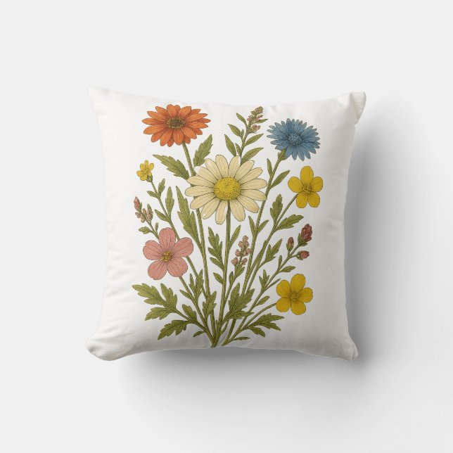 Vintage Wildflower cotton throw pillow (Front)