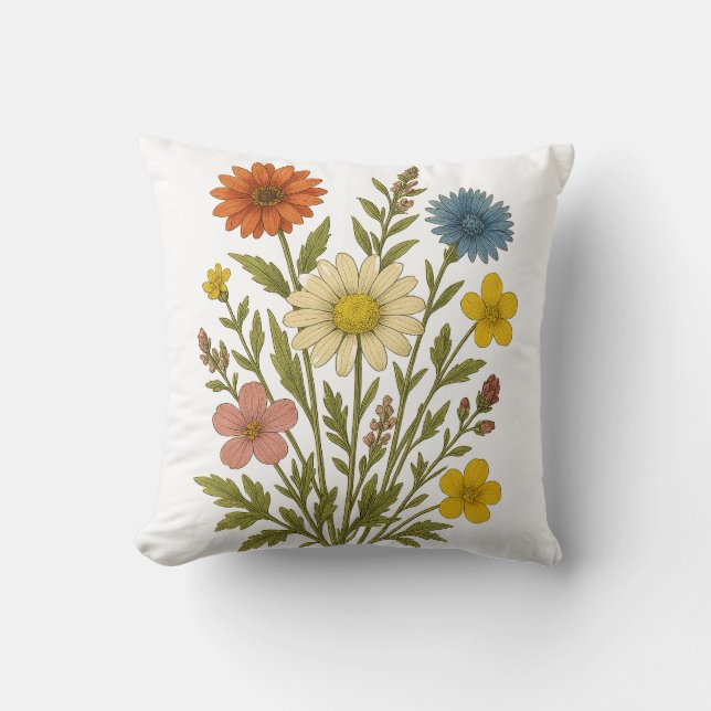 Vintage Wildflower cotton throw pillow (Front)