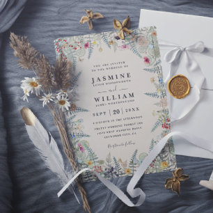 Vintage Wildflower Fern Beige QR Code Wedding Invitation