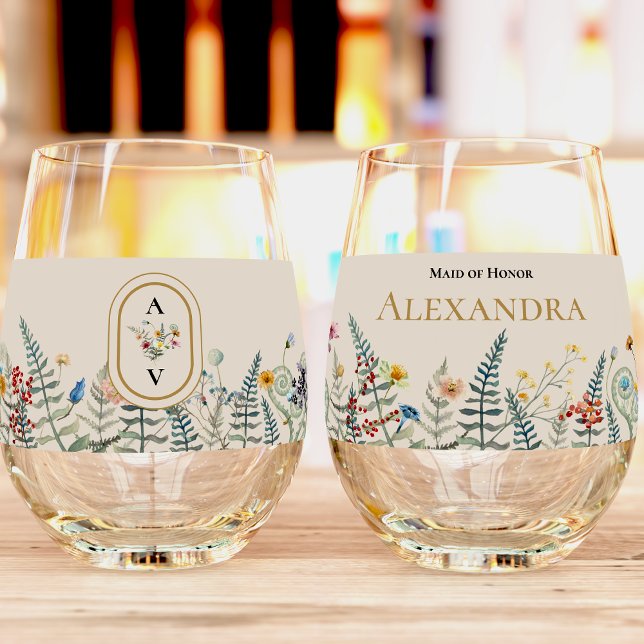 Vintage Wildflower Fern Beige Wedding Bridal Party Stemless Wine Glass (Creator Uploaded)