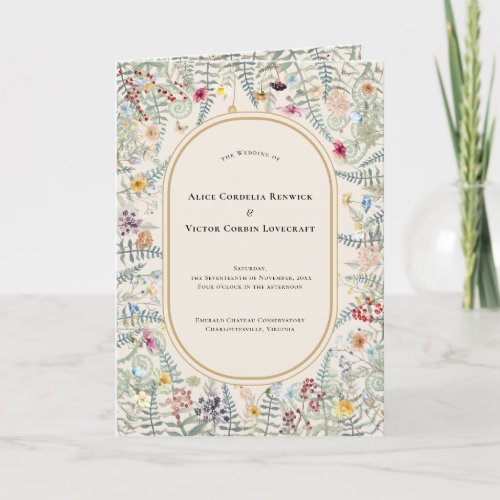 Vintage Wildflower Fern Beige Wedding Folded Program