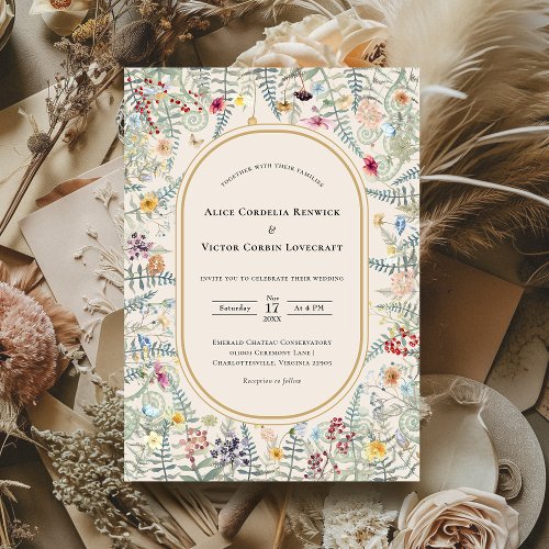 Vintage Wildflower Fern Beige Wedding Invitation