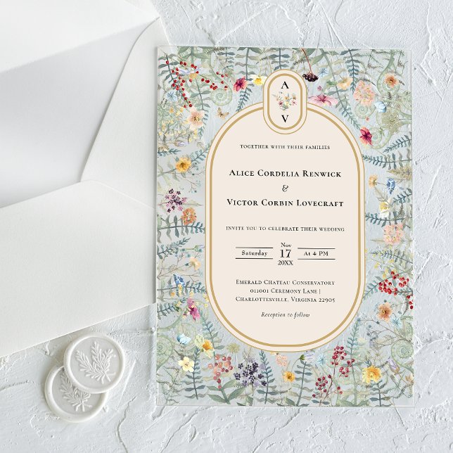 Vintage Wildflower Fern Beige Wedding Monogram Acrylic Invitations (Creator Uploaded)