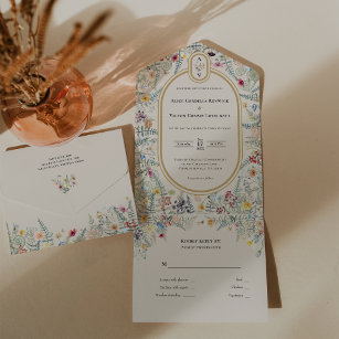 Vintage Wildflower Fern Beige Wedding Monogram All In One Invitation