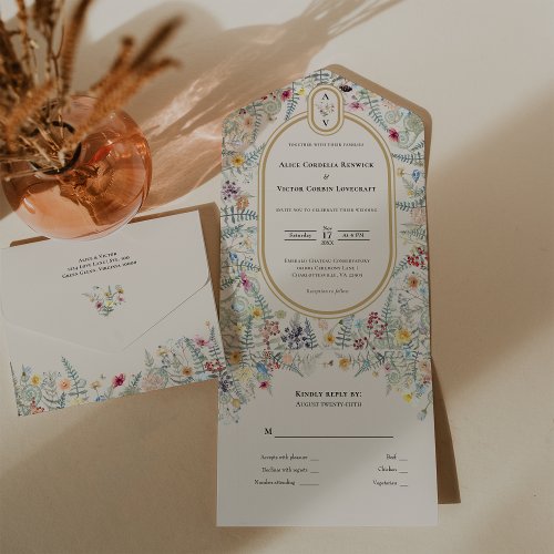 Vintage Wildflower Fern Beige Wedding Monogram All In One Invitation