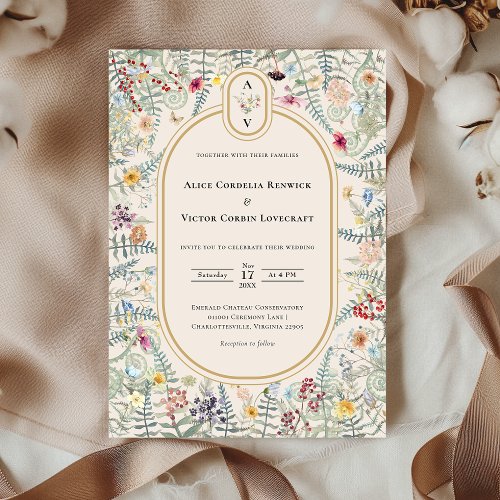 Vintage Wildflower Fern Beige Wedding Monogram Invitation